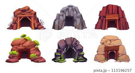 Cave entrances. Mountain doors in mines, mineral extraction, holes in stones, cliffs and hills. Abandoned caverns with moss and cobwebs, landscape cartoon isolated tidy vector tunnels set Cave entrances. Mountain doors in mines, mineral extraction, holes in stones, cliffs and hills. Abandoned caverns with moss and cobwebs, landscape cartoon isolated tidy vector tunnels set 113196257