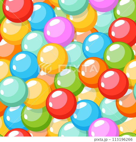 Gum balls seamless pattern. Colorful round candies, kids play room decoration, game zone, repeated bright bubblegums, Textile, wrapping paper, wallpaper design. Vector background 113196266