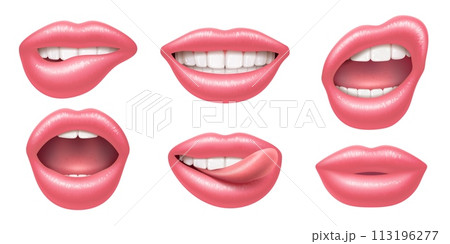 Natural nude lips. Pink female mouth, tongue and white teeth. Smiling and different expressions, beauty cosmetic, gloss and lipstick. Beautiful young girl. Realistic isolated vector set Natural nude lips. Pink female mouth, tongue and white teeth. Smiling and different expressions, beauty cosmetic, gloss and lipstick. Beautiful young girl. Realistic isolated vector set 113196277