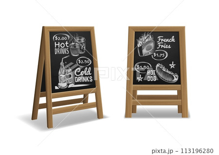 Street menu. Black wooden board front and side view. Hot and cold drinks, street food chalk drawing sketch, outdoor promotion banner for cafe and restaurant, Realistic isolated vector concept 113196280