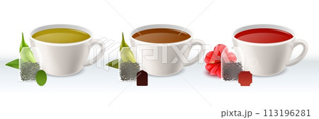 Tea types. Green black and hibiscus hot natural beverages. Fresh leaves and teabags, realistic white cups with liquid different colors. Ceylon and sencha. Porcelain utensil. Vector isolated set Tea types. Green black and hibiscus hot natural beverages. Fresh leaves and teabags, realistic white cups with liquid different colors. Ceylon and sencha. Porcelain utensil. Vector isolated set 113196281