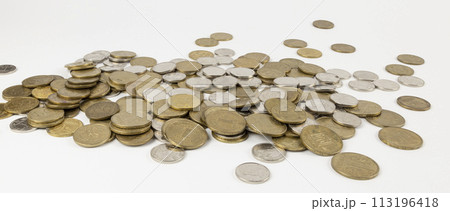 Scattered table coins, Ukrainian national currency, hryvnia. The concept of putting away baskets for old age. Scattered table coins, Ukrainian national currency, hryvnia. The concept of putting away baskets for old age. 113196418