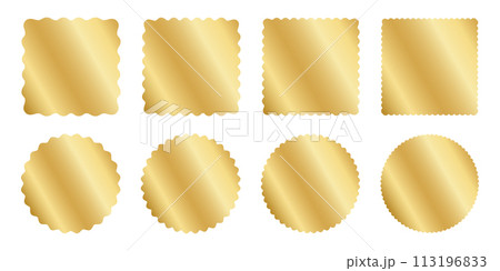 Set of gold square and circle stickers with wavy borders. Wiggly round and squared shining labels, badges, price tags, stamps, sale offers isolated on white background. Vector illustration Set of gold square and circle stickers with wavy borders. Wiggly round and squared shining labels, badges, price tags, stamps, sale offers isolated on white background. Vector illustration 113196833