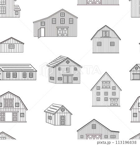 Seamless pattern of outline barns. Black white outline texture of wooden houses on white background Seamless pattern of outline barns. Black white outline texture of wooden houses on white background 113196838
