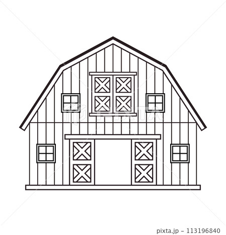 Black white monochrome line wooden barn with a gate. Isolated vector illustration on white background for coloring book or logo Black white monochrome line wooden barn with a gate. Isolated vector illustration on white background for coloring book or logo 113196840