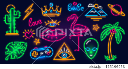 Set of fashion neon sign. Night bright signboard, Glowing light banner. Summer logo, emblem. Club or 113196958