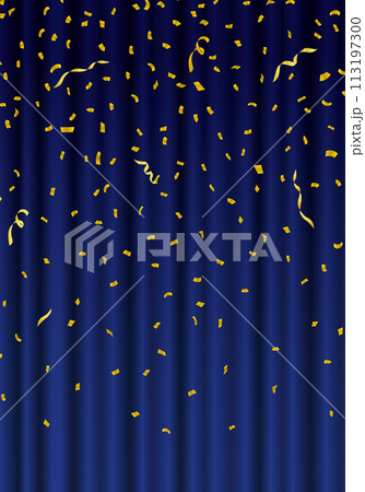 紙吹雪が舞う青いカーテン　青い幕　タテ 113197300