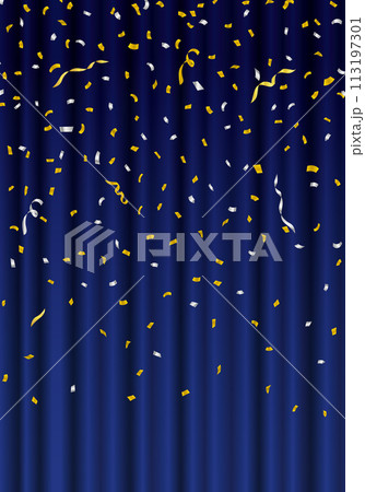 紙吹雪が舞う青いカーテン　青い幕　タテ 113197301