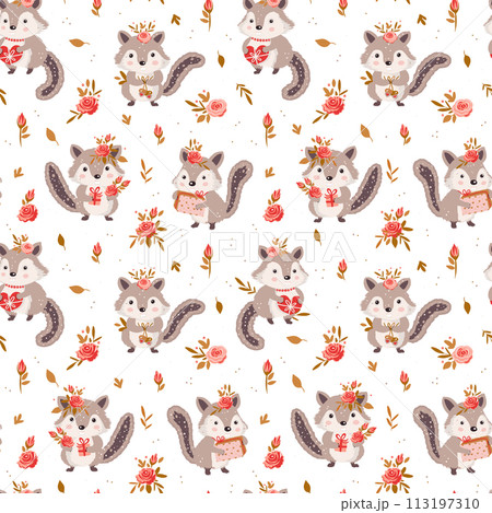 Cute cartoon chipmunk hackee with acorns, hearts and rose flowers gift seamless pattern. Cute cartoon chipmunk hackee with acorns, hearts and rose flowers gift seamless pattern. 113197310
