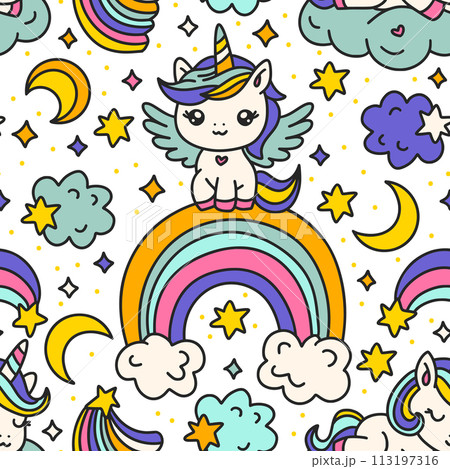 Cute Cartoon Unicorns Seamless Pattern. Unicorn Animal And Rainbow. Kids Birthday Baby Shower 113197316