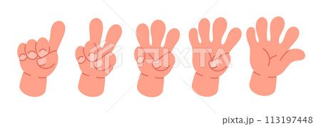 Counting comic hands. Cartoon comic gloved hands, count from one to five, doodle cute hand palms flat vector illustration set. Comic book hands counting Counting comic hands. Cartoon comic gloved hands, count from one to five, doodle cute hand palms flat vector illustration set. Comic book hands counting 113197448