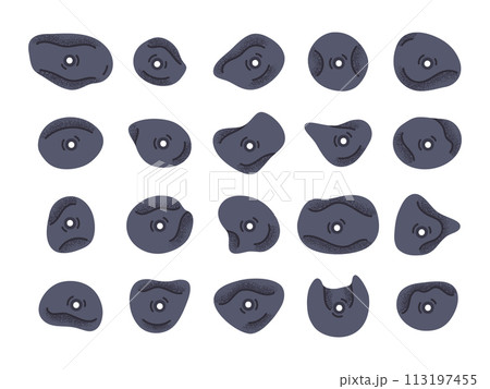 Alpinism hooks. Holds for rock climbing walls, climbing wall training crimps and fasteners flat vector illustration set. Alpinism climbing grips collection 113197455