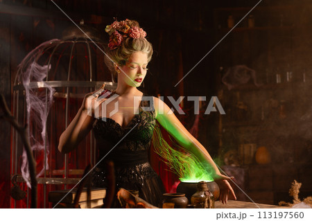 Halloween Witch with cauldron. Beautiful young Halloween Witch with cauldron. Beautiful young 113197560