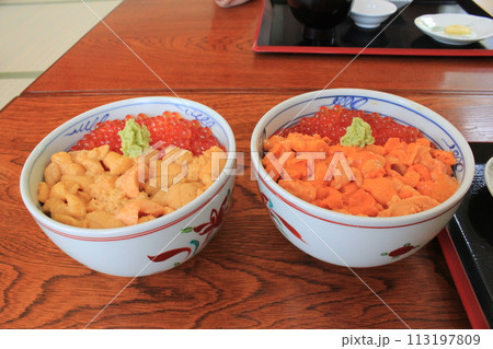 イクラが乗った豪華な白ウニ丼と赤ウニ丼（日本  北海道積丹郡） 113197809