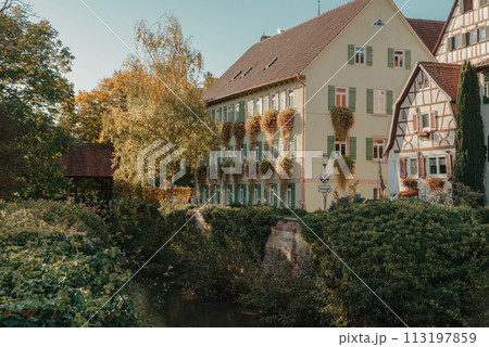 Old national German town house in Bietigheim-Bissingen, Baden-Wuerttemberg, Germany, Europe. Old Town is full of colorful and well preserved buildings. 113197859