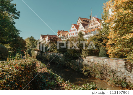 Old national German town house in Bietigheim-Bissingen, Baden-Wuerttemberg, Germany, Europe. Old Town is full of colorful and well preserved buildings. Old national German town house in Bietigheim-Bissingen, Baden-Wuerttemberg, Germany, Europe. Old Town is full of colorful and well preserved buildings. 113197905