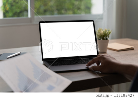 young man working Businessman using a desktop computer of the blank screen young man working Businessman using a desktop computer of the blank screen 113198427