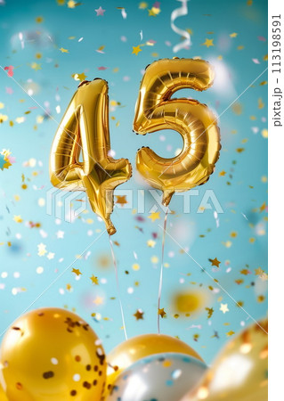Golden helium floating balloons made in shape of number forty-five. Birthday party or wedding anniversary for 45 years celebration. AI Generative 113198591