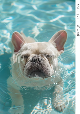 Funny white french bulldog swimming in a water pool. AI Generative 113198595