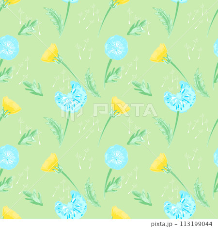 Watercolor dandelion field seamless pattern with light background for cover, packaging, fabric decorative design. Abstract texture. 113199044