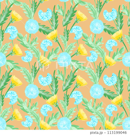 Watercolor dandelion field seamless pattern with light background for cover, packaging, fabric decorative design. Abstract texture. 113199046