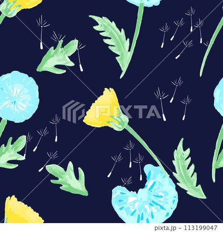 Watercolor dandelion field seamless pattern with dark background for cover, packaging, fabric decorative design. Abstract texture. 113199047