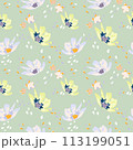 Windy flowers and petals in spring. Blooming midsummer meadow seamless pattern. Plant background for fashion, wallpapers, print. Liberty style millefleurs. Trendy floral design 113199051