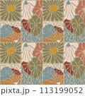 Groovy floral seamless tile in Matisse vibes. Trendy Naive Floral Vector Background in 1970s. Art deco pattern. Can be used for Print on fabric, wrapping paper, wallpaper. 113199052