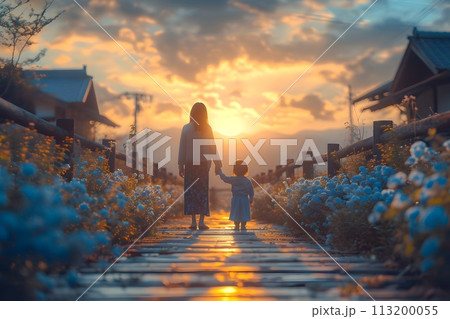 手をつないで歩く家族の後ろ姿2　AI生成画像 113200055