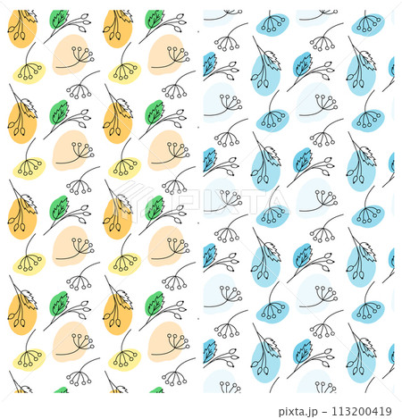 Outline branches with spots in bright marker autumn and winter shades Seamless patterns. Set of 2 113200419