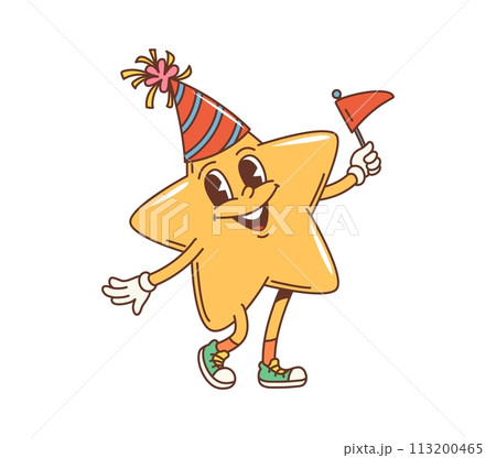 Retro cartoon groovy holiday star character. Isolated vector yellow funky twinkle personage in festive party hat, energetically waving vibrant flag, celebrating birthday. New year or anniversary event Retro cartoon groovy holiday star character. Isolated vector yellow funky twinkle personage in festive party hat, energetically waving vibrant flag, celebrating birthday. New year or anniversary event 113200465