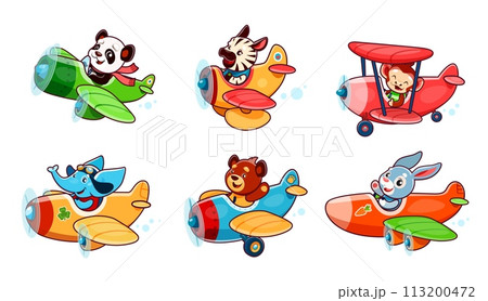 Cartoon cute baby animals characters on planes. Panda and zebra, elephant and rabbit, bear, monkey animal kid airplane pilots in sky. Funny pilots vector personages on retro biplanes with propellers Cartoon cute baby animals characters on planes. Panda and zebra, elephant and rabbit, bear, monkey animal kid airplane pilots in sky. Funny pilots vector personages on retro biplanes with propellers 113200472