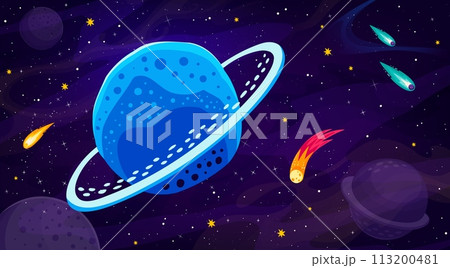 Blue space planet with rings in galaxy landscape, cartoon vector background for kids. Outer space stars and extraterrestrial planets, Saturn and alien earth in starry sky with comets and asteroids 113200481