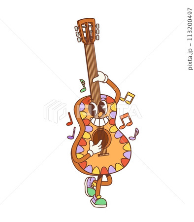 Retro cartoon groovy guitar character. Isolated vector funky guitarron personage with psychedelic pattern and musical notes, exudes 70s vibes with a cool, laid-back attitude and vibrant musical energy Retro cartoon groovy guitar character. Isolated vector funky guitarron personage with psychedelic pattern and musical notes, exudes 70s vibes with a cool, laid-back attitude and vibrant musical energy 113200497