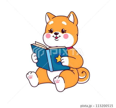 Japanese kawaii shiba inu dog character reading the book. Isolated cartoon vector happy smart puppy character studying lesson. Cute pet personage sitting on floor, turning pages, having fun spare time 113200515