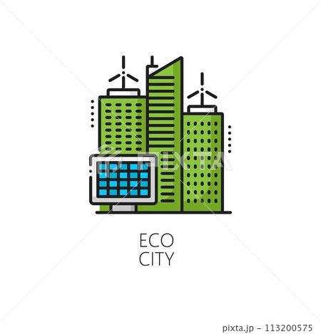 Clean power, eco city, green energy linear icon. Green power, renewable energy station or eco metropolis outline vector symbol or color pictogram with city skyscraper wind turbine and solar panel Clean power, eco city, green energy linear icon. Green power, renewable energy station or eco metropolis outline vector symbol or color pictogram with city skyscraper wind turbine and solar panel 113200575