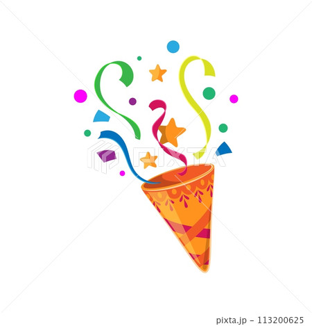 Holiday party popper cone, birthday firecracker with striped confetti, stars and ribbons. Festival streamer, anniversary confetti cone or birthday holiday glitter vector cracker. Carnival party popper Holiday party popper cone, birthday firecracker with striped confetti, stars and ribbons. Festival streamer, anniversary confetti cone or birthday holiday glitter vector cracker. Carnival party popper 113200625