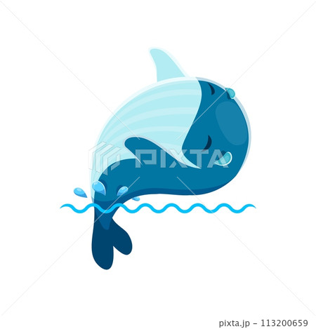Cartoon cute kawaii whale character. Funny marine animal, cute whale or oceanarium childish vector mascot or personage. Ocean wildlife isolated cheerful character jumping out of water 113200659