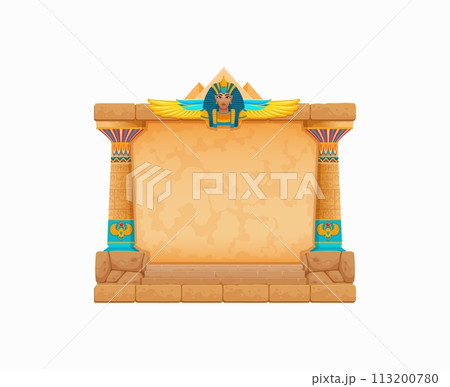 Arcade game frame, ancient Egypt. Vintage Egyptian stone wall. Cartoon vector texture, past civilization construction with pillars and deity or pharaoh monument. Historical quiz, puzzle game gui asset Arcade game frame, ancient Egypt. Vintage Egyptian stone wall. Cartoon vector texture, past civilization construction with pillars and deity or pharaoh monument. Historical quiz, puzzle game gui asset 113200780