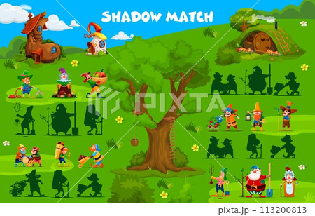 Shadow match game with cartoon garden gnome and dwarf characters, vector puzzle worksheet. Find correct shadow of cartoon fairytale funny gnomes at village or forest dwarf with fairy tale houses 113200813