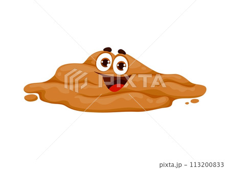 Cartoon poop emoji, funny poo excrement character, happy toilet shit emoticon. Isolated vector cheerful watery turd personage with smiling face, playful eyes and sticky smell convey sense of amusement 113200833