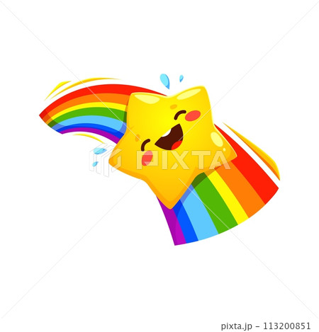 Cartoon cheerful kawaii star character sliding down rainbow with happy face. Funny twinkle vector personage playing with rainbow in sky. Starry sky emoji, space emoticon or shiny yellow star character Cartoon cheerful kawaii star character sliding down rainbow with happy face. Funny twinkle vector personage playing with rainbow in sky. Starry sky emoji, space emoticon or shiny yellow star character 113200851