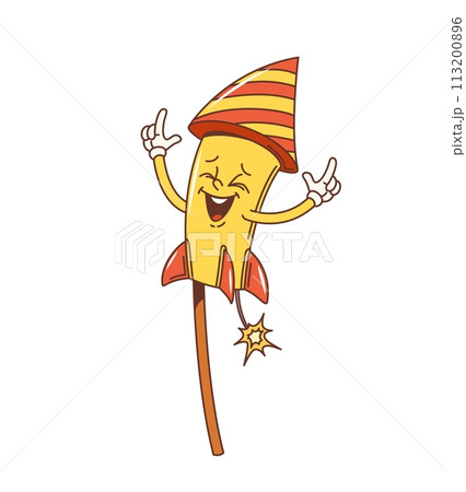 Retro cartoon groovy firework character. Isolated vibrant rocket or petard personage ready for party celebration, flaunting groove 60s or 70s vibes and psychedelic smile, embody carefree funky spirit 113200896