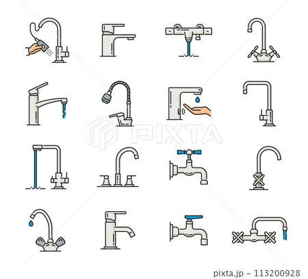Tap bathroom and kitchen faucet icons of bath water sink, vector outline symbols. Kitchen or bathroom tap faucet types with water drops, hands and valves and mist pipe in line pictograms 113200928