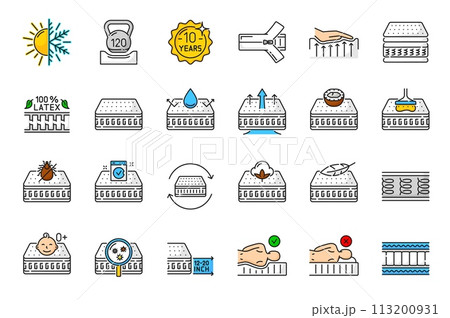 Bed orthopedic memory mattress outline icons. Orthopedic spring sleeping bed, breathable latex pillow with antibacterial layer, natural filler, mattress without memory effect line vector pictograms Bed orthopedic memory mattress outline icons. Orthopedic spring sleeping bed, breathable latex pillow with antibacterial layer, natural filler, mattress without memory effect line vector pictograms 113200931