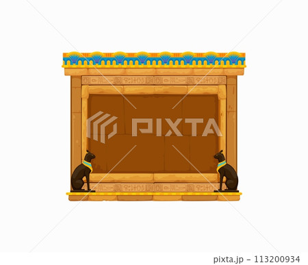 Arcade game frame, ancient Egypt. Vintage Egyptian stone wall. Cartoon vector texture, past civilization construction with hieroglyphs, Bastet cat deity monument. Historical quiz, gui puzzle asset Arcade game frame, ancient Egypt. Vintage Egyptian stone wall. Cartoon vector texture, past civilization construction with hieroglyphs, Bastet cat deity monument. Historical quiz, gui puzzle asset 113200934