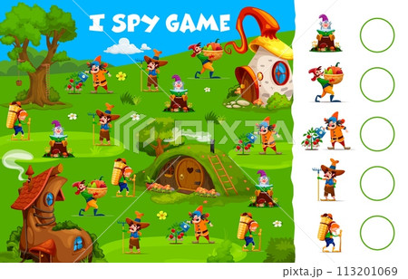 I spy game, cartoon garden gnome and dwarf characters fairytale village. Kids vector riddle count how many funny personages on summer field. Children test, education task for infants mind development 113201069