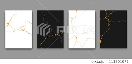 Kintsugi gold cracks marble texture patterns. Abstract golden lines on black and white stone backgrounds. Modern wall decor of vintage japanese art, kintsugi or kintsukuroi gold cracks patterns set 113201071