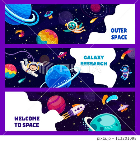 Galaxy space banners. Kid astronaut, space planets and stars, ufo and alien. Cartoon vector bookmarks or horizontal cards with cute infant cosmonaut soar in weightlessness, rockets and et invaders 113201098