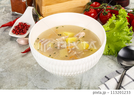 Homemade chicken soup with vegetables 113201233